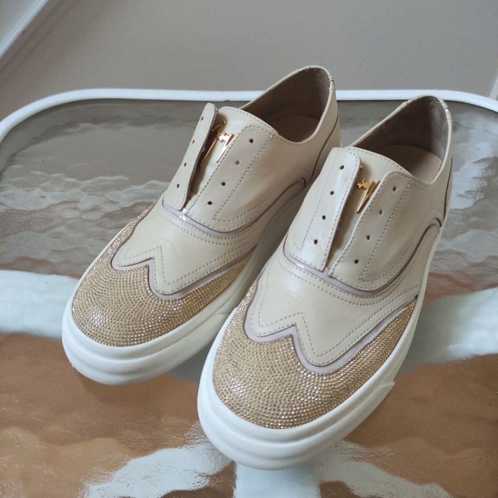Giuseppe Zanotti Beige Leather Slip On Sneakers with Gold Studs Women's 39